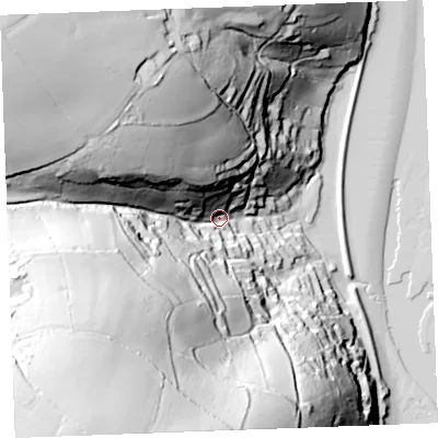 Shaded relief map of the ground around PL231LF, computed from Environment Agency LiDAR. The ground here sits at about 19 m above sea level and falls 123 m across the surrounding 800 m. Surface water reaching this point runs off ground lying to the south-west, 103.5 m higher.