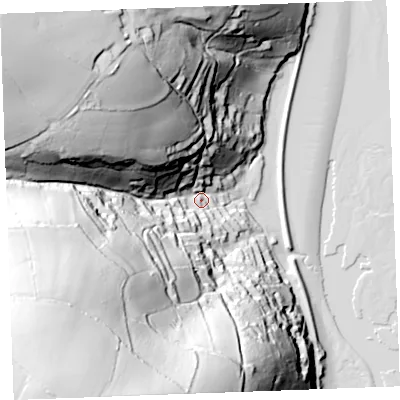 Shaded relief map of the ground around PL231LG, computed from Environment Agency LiDAR. The ground here sits at about 14 m above sea level and falls 123 m across the surrounding 800 m. Surface water reaching this point runs off ground lying to the south-west, 111.7 m higher.