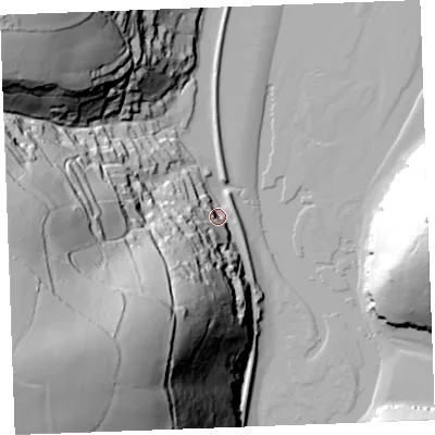 Shaded relief map of the ground around PL231LW, computed from Environment Agency LiDAR. The ground here sits at about 4 m above sea level and falls 121 m across the surrounding 800 m. Surface water reaching this point runs off ground lying to the south-west, 116.8 m higher.