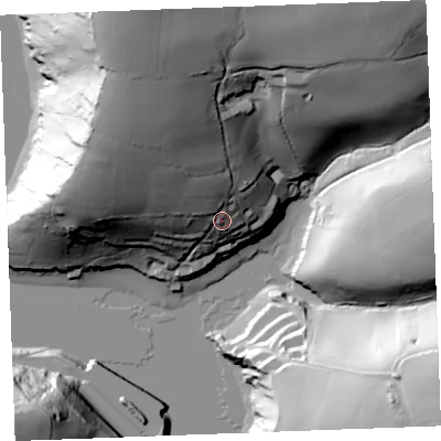 Shaded relief map of the ground around PL231NB, computed from Environment Agency LiDAR. The ground here sits at about 26 m above sea level and falls 75 m across the surrounding 800 m. Surface water reaching this point runs off ground lying to the north-west, 44.0 m higher.