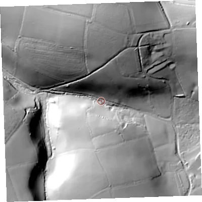 Shaded relief map of the ground around PL231NJ, computed from Environment Agency LiDAR. The ground here sits at about 49 m above sea level and falls 64 m across the surrounding 800 m. Surface water reaching this point runs off ground lying to the north, 50.1 m higher.