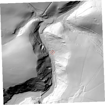 Shaded relief map of the ground around PL231NQ, computed from Environment Agency LiDAR. The ground here sits at about 7 m above sea level and falls 86 m across the surrounding 800 m. Surface water reaching this point runs off ground lying to the east-south-east, 76.7 m higher.