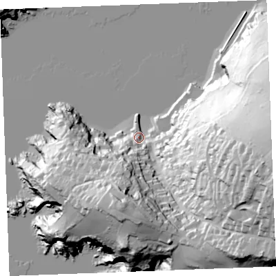 Shaded relief map of the ground around PL231PA, computed from Environment Agency LiDAR. The ground here sits at about 7 m above sea level and falls 95 m across the surrounding 800 m. Surface water reaching this point runs off ground lying to the south-south-west, 53.7 m higher.