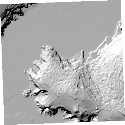 Shaded relief map of the ground around PL231PL, computed from Environment Agency LiDAR. The ground here sits at about 6 m above sea level and falls 77 m across the surrounding 800 m. Surface water reaching this point runs off ground lying to the south-south-east, 57.1 m higher.