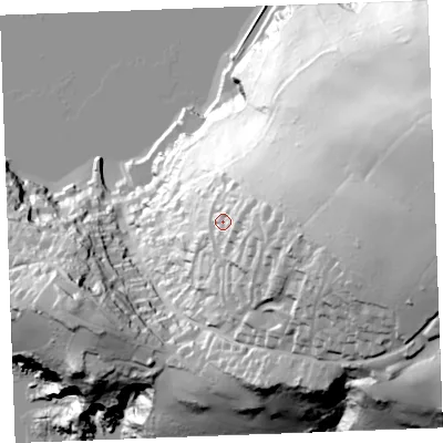 Shaded relief map of the ground around PL231QS, computed from Environment Agency LiDAR. The ground here sits at about 65 m above sea level and falls 104 m across the surrounding 800 m. Surface water reaching this point runs off ground lying to the east, 24.5 m higher.