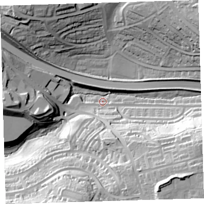 Shaded relief map of the ground around PL23TP, computed from Environment Agency LiDAR. The ground here sits at about 37 m above sea level and falls 64 m across the surrounding 800 m. Surface water reaching this point runs off ground lying to the east-south-east, 42.6 m higher.