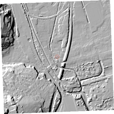 Shaded relief map of the ground around PL242AD, computed from Environment Agency LiDAR. The ground here sits at about 4 m above sea level and falls 59 m across the surrounding 800 m. Surface water reaching this point runs off ground lying to the south-west, 2.4 m higher.