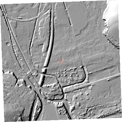 Shaded relief map of the ground around PL242AF, computed from Environment Agency LiDAR. The ground here sits at about 4 m above sea level and falls 38 m across the surrounding 800 m. Surface water reaching this point runs off ground lying to the west, 5.2 m higher.