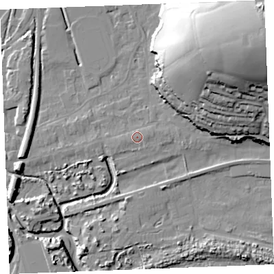 Shaded relief map of the ground around PL242AG, computed from Environment Agency LiDAR. The ground here sits at about 5 m above sea level and falls 45 m across the surrounding 800 m. Surface water reaching this point runs off ground lying to the east, 0.8 m higher.