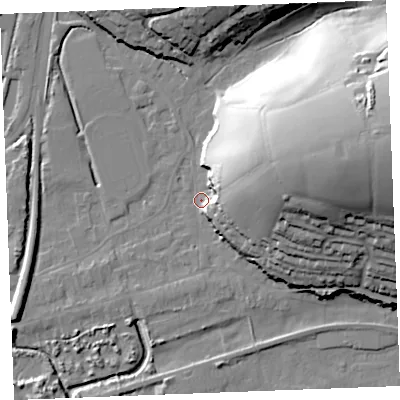 Shaded relief map of the ground around PL242AH, computed from Environment Agency LiDAR. The ground here sits at about 4 m above sea level and falls 45 m across the surrounding 800 m. Surface water reaching this point runs off ground lying to the east-north-east, 40.5 m higher.