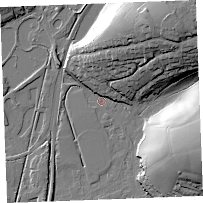 Shaded relief map of the ground around PL242AJ, computed from Environment Agency LiDAR. The ground here sits at about 3 m above sea level and falls 41 m across the surrounding 800 m. Surface water reaching this point runs off ground lying to the north, 10.6 m higher.