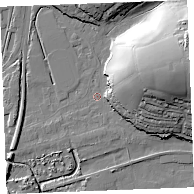 Shaded relief map of the ground around PL242AQ, computed from Environment Agency LiDAR. The ground here sits at about 4 m above sea level and falls 45 m across the surrounding 800 m. Surface water reaching this point runs off ground lying to the east-north-east, 40.5 m higher.
