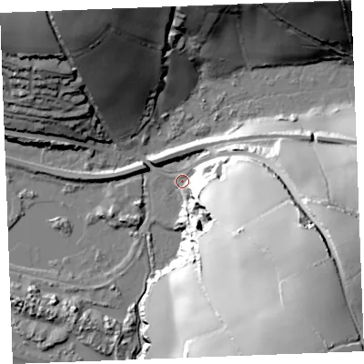 Shaded relief map of the ground around PL242AR, computed from Environment Agency LiDAR. The ground here sits at about 5 m above sea level and falls 72 m across the surrounding 800 m. Surface water reaching this point runs off ground lying to the south-east, 68.4 m higher.