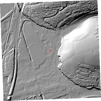 Shaded relief map of the ground around PL242AY, computed from Environment Agency LiDAR. The ground here sits at about 3 m above sea level and falls 43 m across the surrounding 800 m. Surface water reaching this point runs off ground lying to the north-west, 1.6 m higher.
