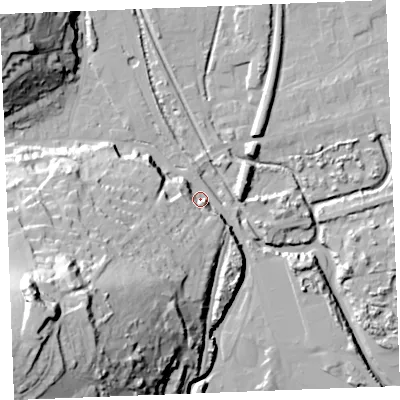 Shaded relief map of the ground around PL242BD, computed from Environment Agency LiDAR. The ground here sits at about 5 m above sea level and falls 62 m across the surrounding 800 m. Surface water reaching this point runs off ground lying to the south-west, 55.7 m higher.