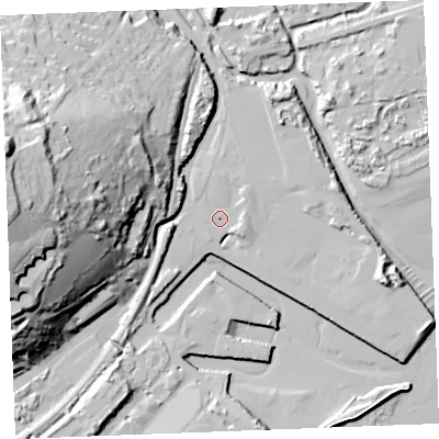 Shaded relief map of the ground around PL242BP, computed from Environment Agency LiDAR. The ground here sits at about 4 m above sea level and falls 61 m across the surrounding 800 m. Surface water reaching this point runs off ground lying to the east, 2.6 m higher.