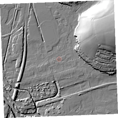 Shaded relief map of the ground around PL242DH, computed from Environment Agency LiDAR. The ground here sits at about 4 m above sea level and falls 43 m across the surrounding 800 m. Surface water reaching this point runs off ground lying to the west-south-west, 1.3 m higher.