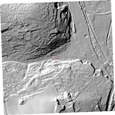 Shaded relief map of the ground around PL242DN, computed from Environment Agency LiDAR. The ground here sits at about 4 m above sea level and falls 58 m across the surrounding 800 m. Surface water reaching this point runs off ground lying to the south-south-west, 58.1 m higher.