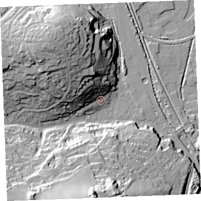 Shaded relief map of the ground around PL242JB, computed from Environment Agency LiDAR. The ground here sits at about 7 m above sea level and falls 56 m across the surrounding 800 m. Surface water reaching this point runs off ground lying to the north-west, 25.8 m higher.