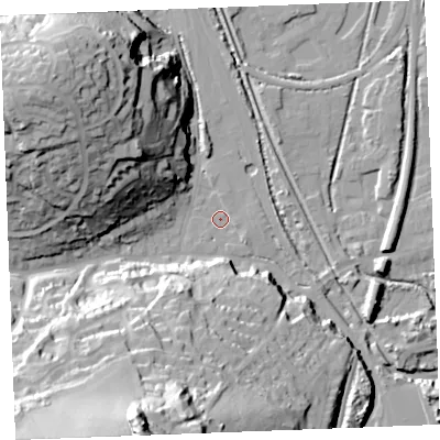Shaded relief map of the ground around PL242JD, computed from Environment Agency LiDAR. The ground here sits at about 3 m above sea level and falls 58 m across the surrounding 800 m. Surface water reaching this point runs off ground lying to the south-south-west, 56.6 m higher.