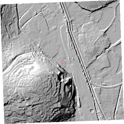 Shaded relief map of the ground around PL242JF, computed from Environment Agency LiDAR. The ground here sits at about 4 m above sea level and falls 43 m across the surrounding 800 m. Surface water reaching this point runs off ground lying to the south-west, 41.8 m higher.