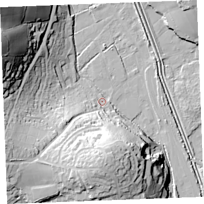 Shaded relief map of the ground around PL242JH, computed from Environment Agency LiDAR. The ground here sits at about 5 m above sea level and falls 58 m across the surrounding 800 m. Surface water reaching this point runs off ground lying to the south-west, 9.0 m higher.