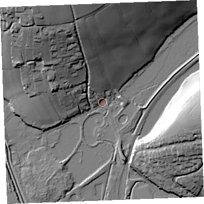 Shaded relief map of the ground around PL242LU, computed from Environment Agency LiDAR. The ground here sits at about 4 m above sea level and falls 47 m across the surrounding 800 m. Surface water reaching this point runs off ground lying to the north-west, 46.5 m higher.