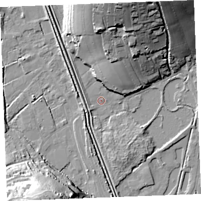 Shaded relief map of the ground around PL242LX, computed from Environment Agency LiDAR. The ground here sits at about 4 m above sea level and falls 40 m across the surrounding 800 m. Surface water reaching this point runs off ground lying to the north, 34.7 m higher.