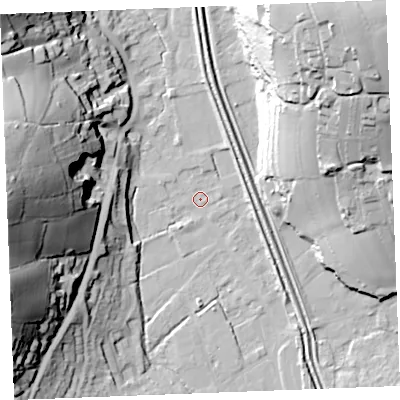 Shaded relief map of the ground around PL242ND, computed from Environment Agency LiDAR. The ground here sits at about 4 m above sea level and falls 57 m across the surrounding 800 m. Surface water reaching this point runs off ground lying to the west, 56.7 m higher.
