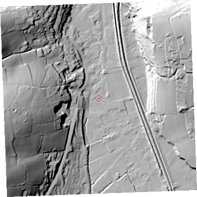 Shaded relief map of the ground around PL242NF, computed from Environment Agency LiDAR. The ground here sits at about 4 m above sea level and falls 67 m across the surrounding 800 m. Surface water reaching this point runs off ground lying to the west-south-west, 66.6 m higher.