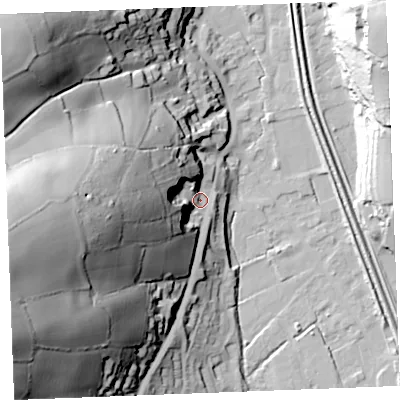 Shaded relief map of the ground around PL242NG, computed from Environment Agency LiDAR. The ground here sits at about 14 m above sea level and falls 83 m across the surrounding 800 m. Surface water reaching this point runs off ground lying to the west-south-west, 72.2 m higher.