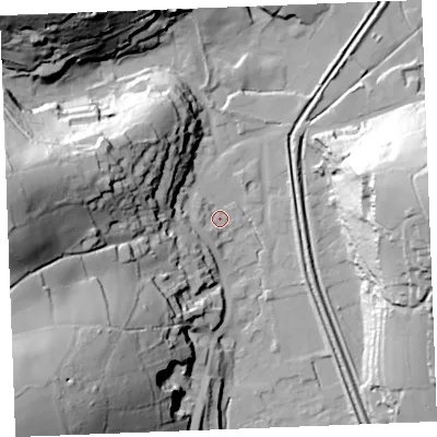 Shaded relief map of the ground around PL242NX, computed from Environment Agency LiDAR. The ground here sits at about 6 m above sea level and falls 75 m across the surrounding 800 m. Surface water reaching this point runs off ground lying to the west, 63.4 m higher.