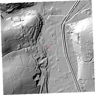 Shaded relief map of the ground around PL242NY, computed from Environment Agency LiDAR. The ground here sits at about 6 m above sea level and falls 74 m across the surrounding 800 m. Surface water reaching this point runs off ground lying to the west, 25.6 m higher.
