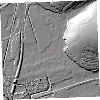 Shaded relief map of the ground around PL242PB, computed from Environment Agency LiDAR. The ground here sits at about 3 m above sea level and falls 42 m across the surrounding 800 m. Surface water reaching this point runs off ground lying to the east-north-east, 40.2 m higher.