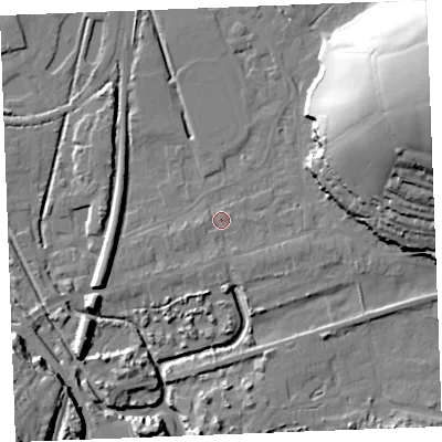 Shaded relief map of the ground around PL242PD, computed from Environment Agency LiDAR. The ground here sits at about 4 m above sea level and falls 41 m across the surrounding 800 m. Surface water reaching this point runs off ground lying to the south-south-east, 1.5 m higher.