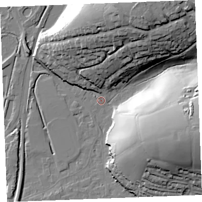 Shaded relief map of the ground around PL242PE, computed from Environment Agency LiDAR. The ground here sits at about 4 m above sea level and falls 44 m across the surrounding 800 m. Surface water reaching this point runs off ground lying to the north-west, 7.0 m higher.