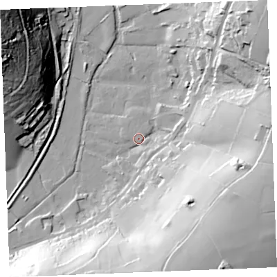 Shaded relief map of the ground around PL242RF, computed from Environment Agency LiDAR. The ground here sits at about 9 m above sea level and falls 68 m across the surrounding 800 m. Surface water reaching this point runs off ground lying to the south-east, 47.0 m higher.