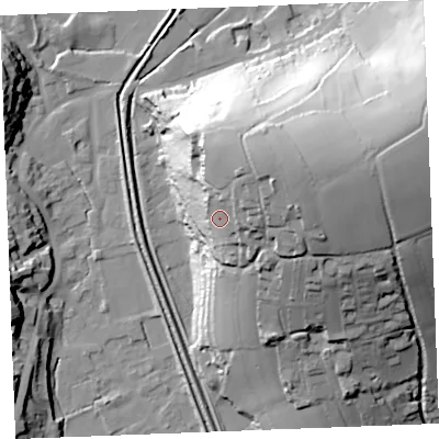 Shaded relief map of the ground around PL242RL, computed from Environment Agency LiDAR. The ground here sits at about 38 m above sea level and falls 49 m across the surrounding 800 m. Surface water reaching this point runs off ground lying to the north-east, 17.9 m higher.