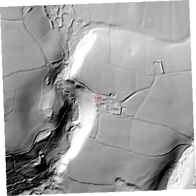 Shaded relief map of the ground around PL242SA, computed from Environment Agency LiDAR. The ground here sits at about 111 m above sea level and falls 137 m across the surrounding 800 m. Surface water reaching this point runs off ground lying to the north-north-east, 22.7 m higher.