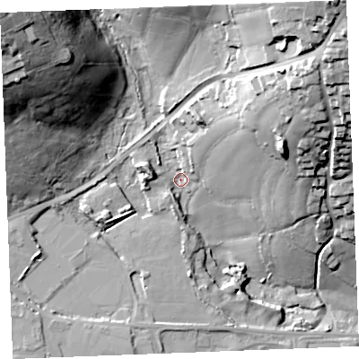 Shaded relief map of the ground around PL242SH, computed from Environment Agency LiDAR. The ground here sits at about 17 m above sea level and falls 56 m across the surrounding 800 m. Surface water reaching this point runs off ground lying to the north-east, 39.3 m higher.