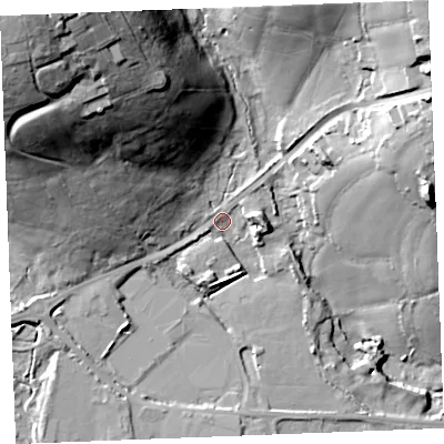 Shaded relief map of the ground around PL242SL, computed from Environment Agency LiDAR. The ground here sits at about 17 m above sea level and falls 54 m across the surrounding 800 m. Surface water reaching this point runs off ground lying to the north-east, 45.3 m higher.