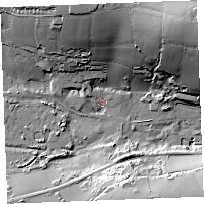 Shaded relief map of the ground around PL242SQ, computed from Environment Agency LiDAR. The ground here sits at about 9 m above sea level and falls 58 m across the surrounding 800 m. Surface water reaching this point runs off ground lying to the north-north-west, 42.4 m higher.