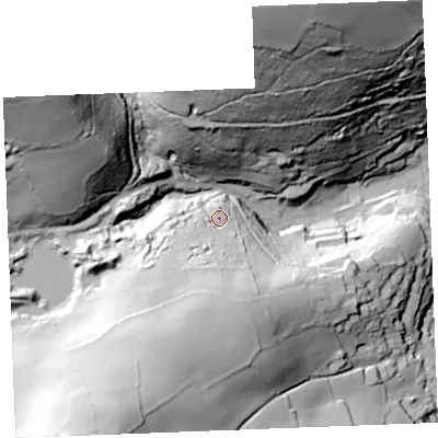 Shaded relief map of the ground around PL242SR, computed from Environment Agency LiDAR. The ground here sits at about 35 m above sea level and falls 107 m across the surrounding 800 m. Surface water reaching this point runs off ground lying to the south-south-west, 41.1 m higher.