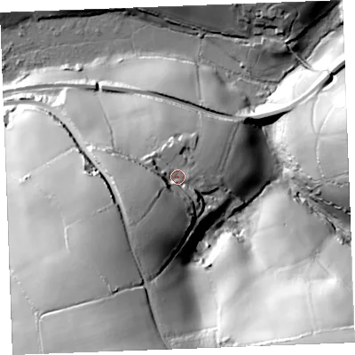 Shaded relief map of the ground around PL242TJ, computed from Environment Agency LiDAR. The ground here sits at about 37 m above sea level and falls 91 m across the surrounding 800 m. Surface water reaching this point runs off ground lying to the south-west, 28.3 m higher.