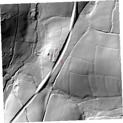 Shaded relief map of the ground around PL242TY, computed from Environment Agency LiDAR. The ground here sits at about 29 m above sea level and falls 46 m across the surrounding 800 m. Surface water reaching this point runs off ground lying to the east, 18.4 m higher.