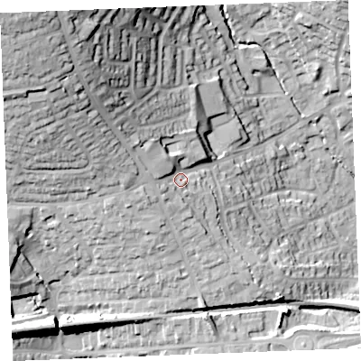 Shaded relief map of the ground around PL253AS, computed from Environment Agency LiDAR. The ground here sits at about 73 m above sea level and falls 53 m across the surrounding 800 m. Surface water reaching this point runs off ground lying to the north-west, 32.2 m higher.
