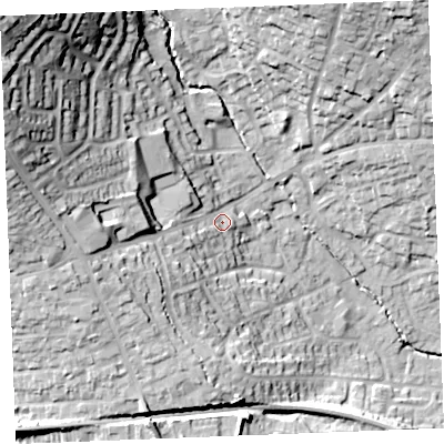 Shaded relief map of the ground around PL253AT, computed from Environment Agency LiDAR. The ground here sits at about 59 m above sea level and falls 56 m across the surrounding 800 m. Surface water reaching this point runs off ground lying to the west-north-west, 31.7 m higher.