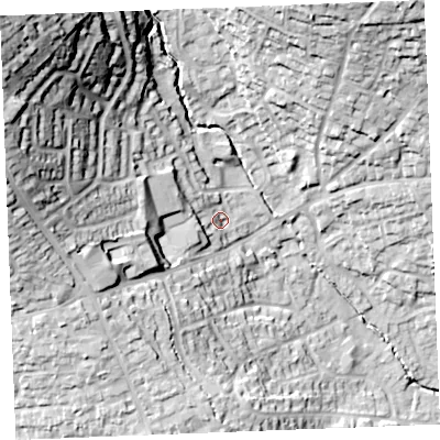 Shaded relief map of the ground around PL253AW, computed from Environment Agency LiDAR. The ground here sits at about 60 m above sea level and falls 62 m across the surrounding 800 m. Surface water reaching this point runs off ground lying to the west, 28.0 m higher.