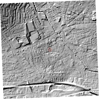 Shaded relief map of the ground around PL253AY, computed from Environment Agency LiDAR. The ground here sits at about 58 m above sea level and falls 50 m across the surrounding 800 m. Surface water reaching this point runs off ground lying to the west-south-west, 16.4 m higher.