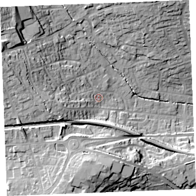 Shaded relief map of the ground around PL253AZ, computed from Environment Agency LiDAR. The ground here sits at about 53 m above sea level and falls 35 m across the surrounding 800 m. Surface water reaching this point runs off ground lying to the west-south-west, 19.2 m higher.